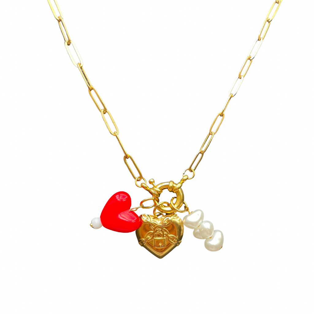 Locked with Love Necklace – Heart Lock, Red Charm & Pearls
