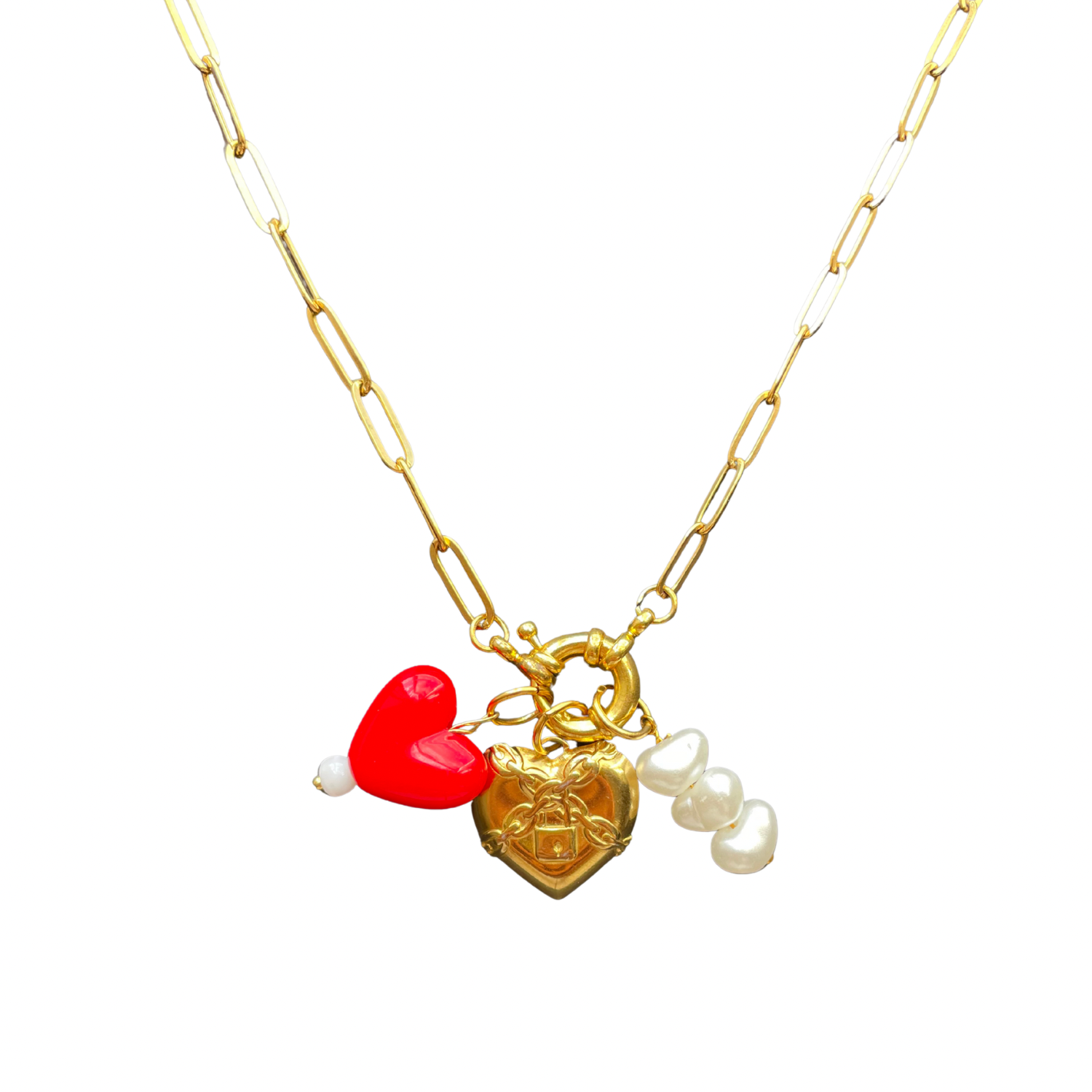 Locked with Love Necklace – Heart Lock, Red Charm & Pearls