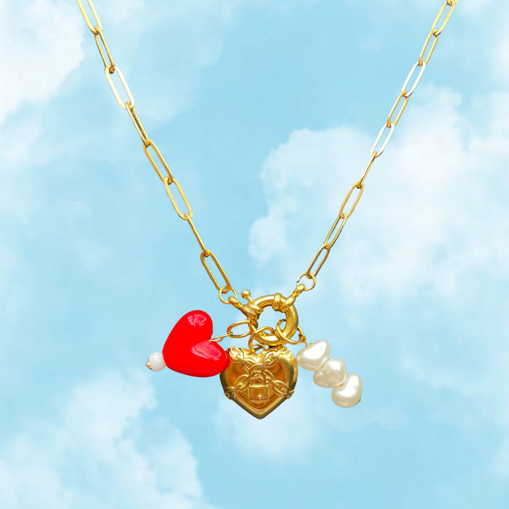 Locked with Love Necklace – Heart Lock, Red Charm & Pearls