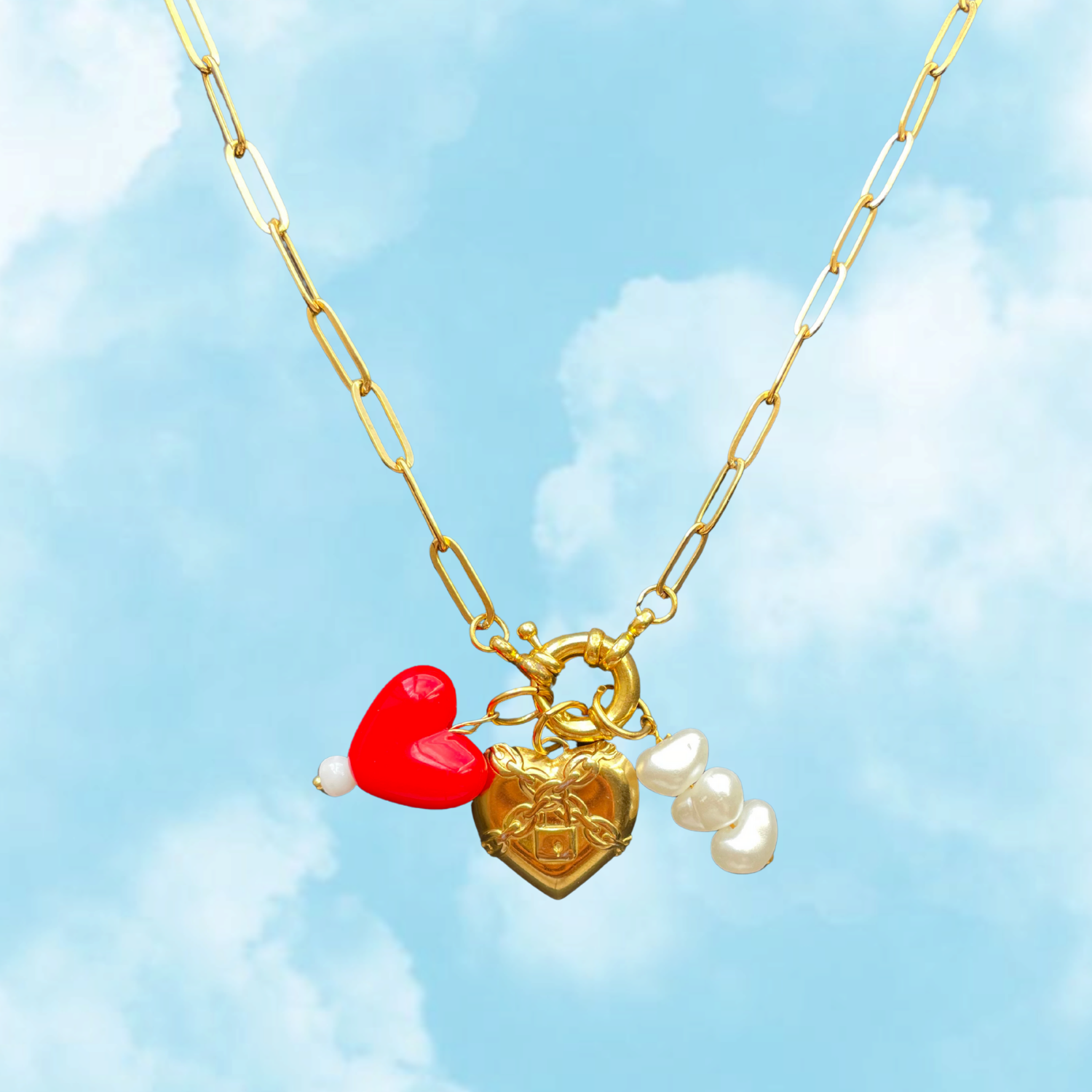 Locked with Love Necklace – Heart Lock, Red Charm & Pearls