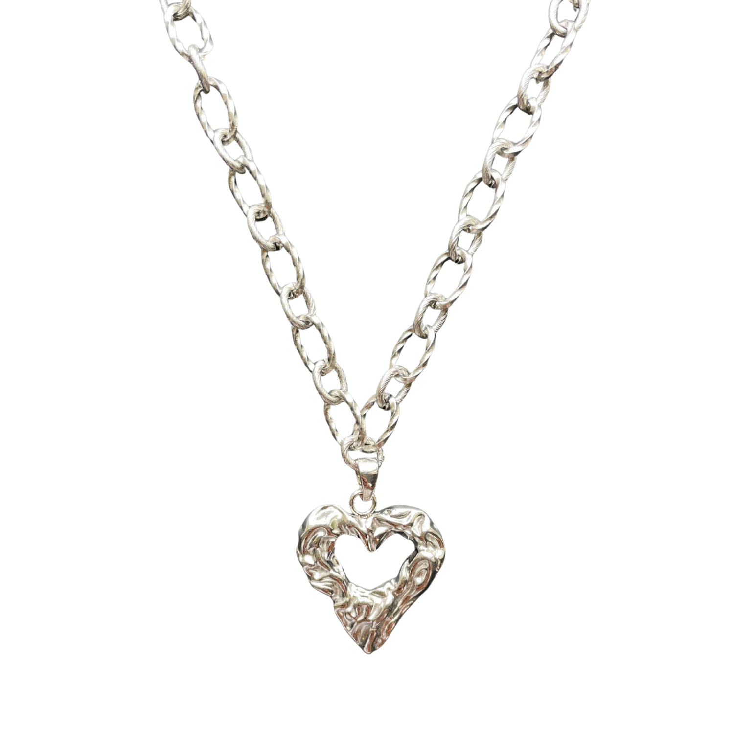 Chunky Silver-Plated Heart Necklace – Sculptural Chain