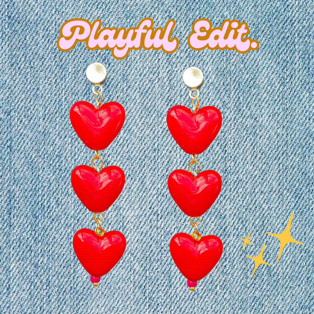 Triple Heart Earrings – Red Acrylic Statement Love