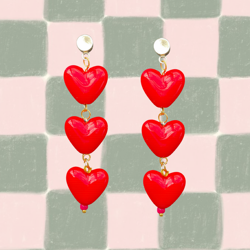 Triple Heart Earrings – Red Acrylic Statement Love