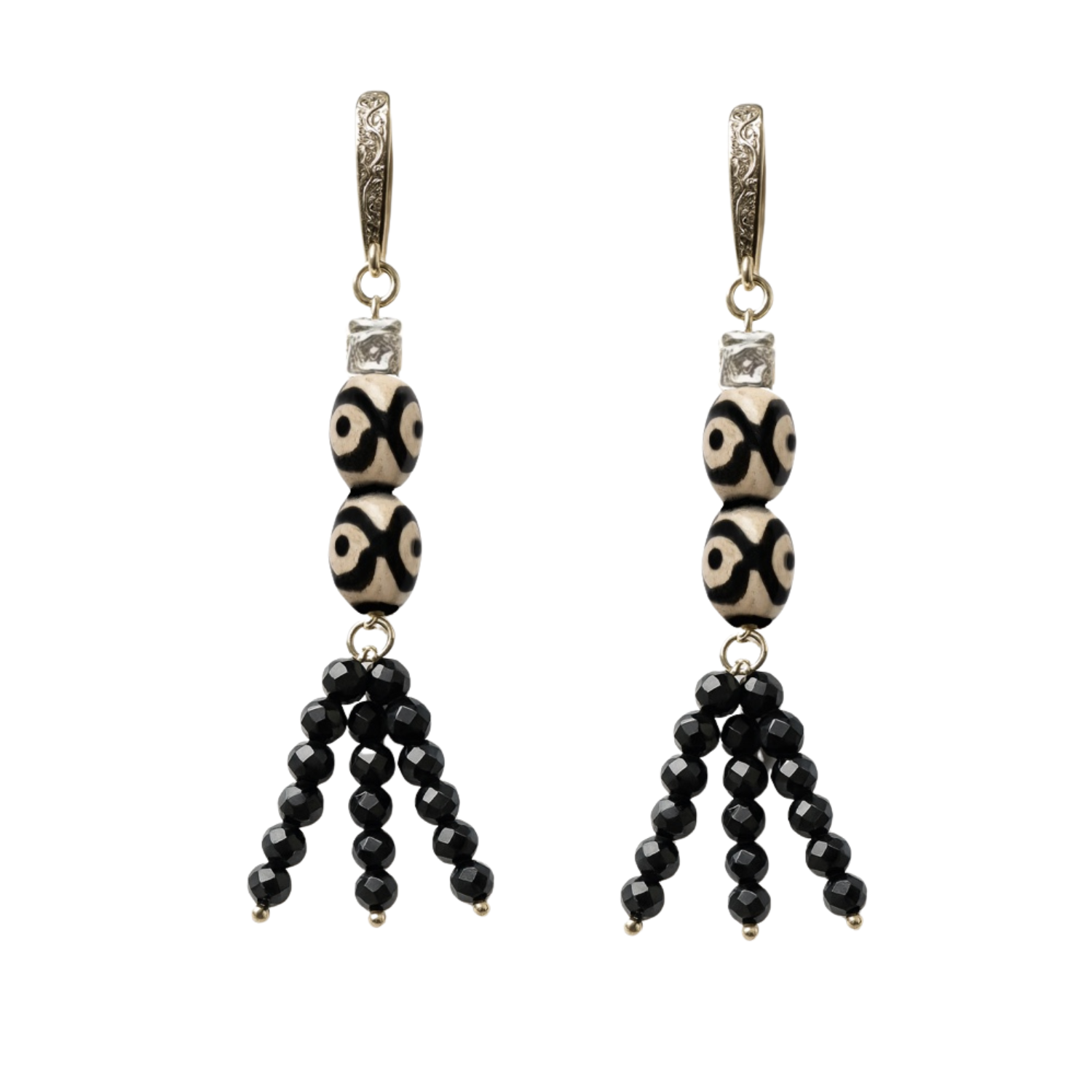 Handmade Silver Earrings with Agate Dzi & Obsidian