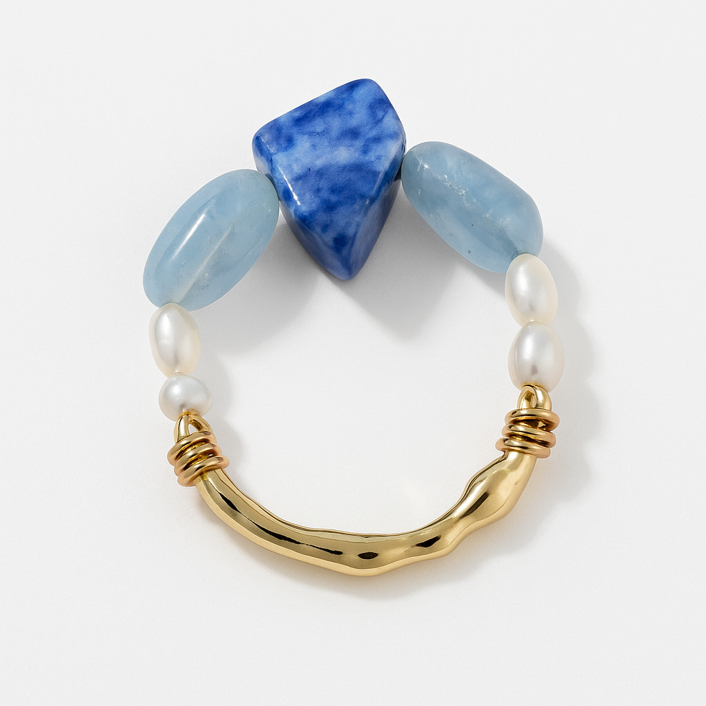 Sodalite, Aquamarine & Freshwater Pearl Gold Ring