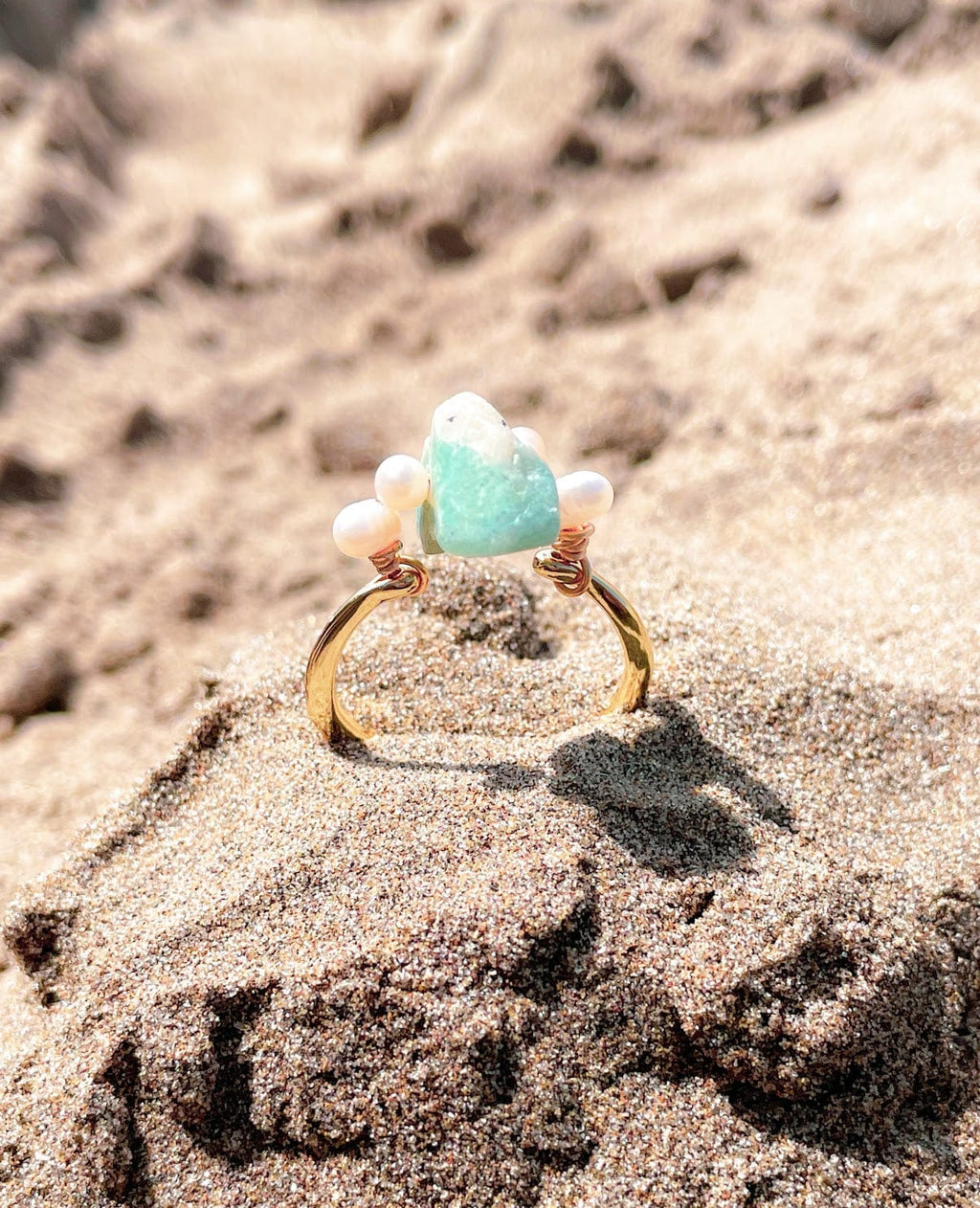 Amazonite & Akoya Pearl Cocktail Ring – Handmade in Gold-Plated Stainless Steel