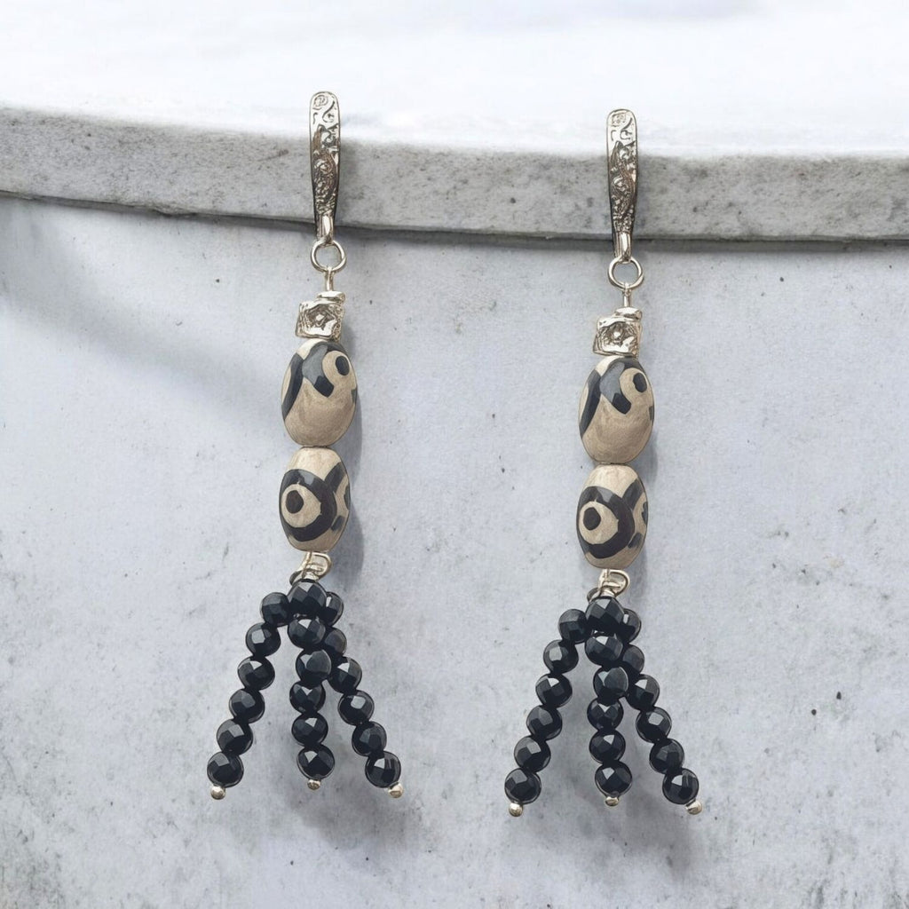 Handmade Silver Earrings with Agate Dzi & Obsidian