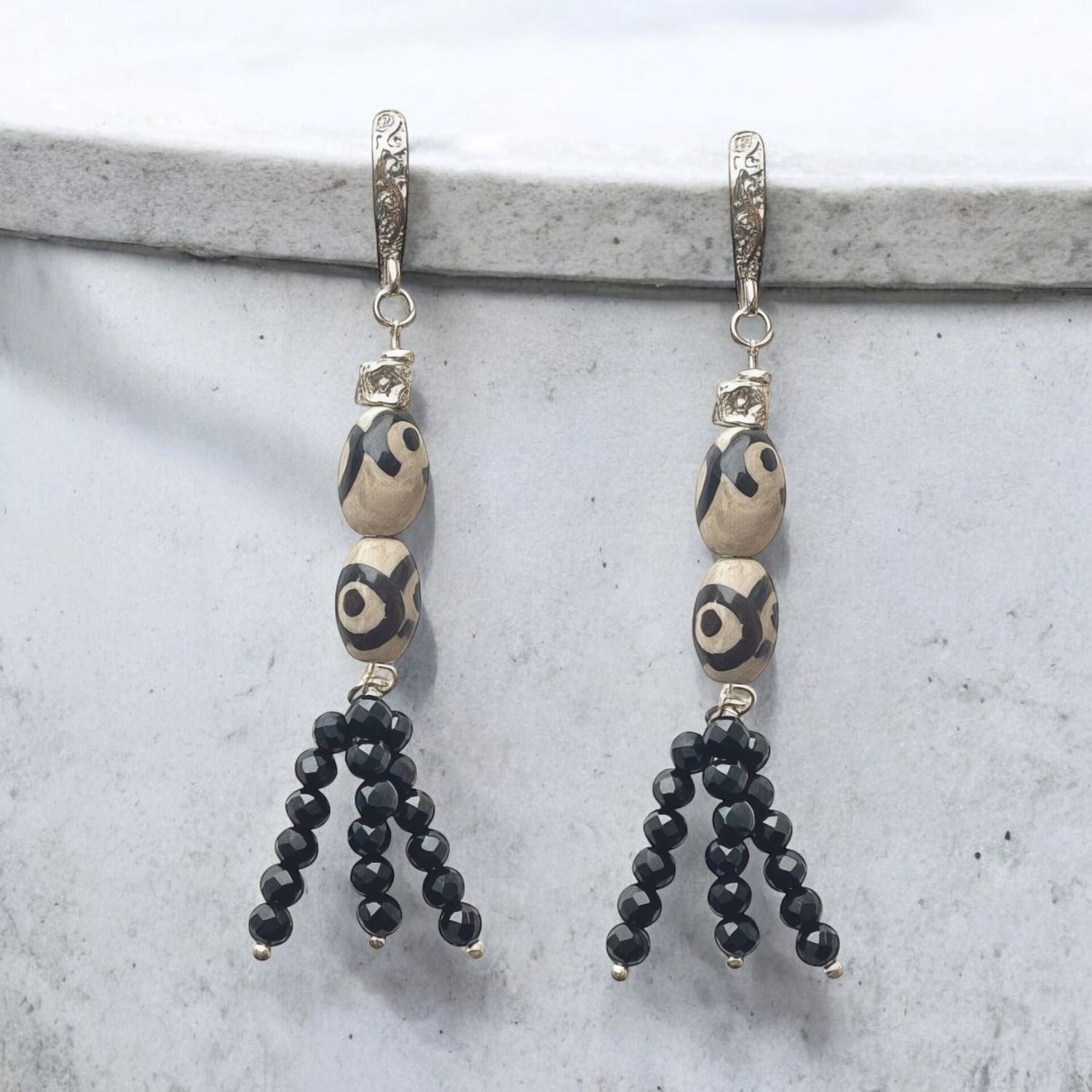 Handmade Silver Earrings with Agate Dzi & Obsidian