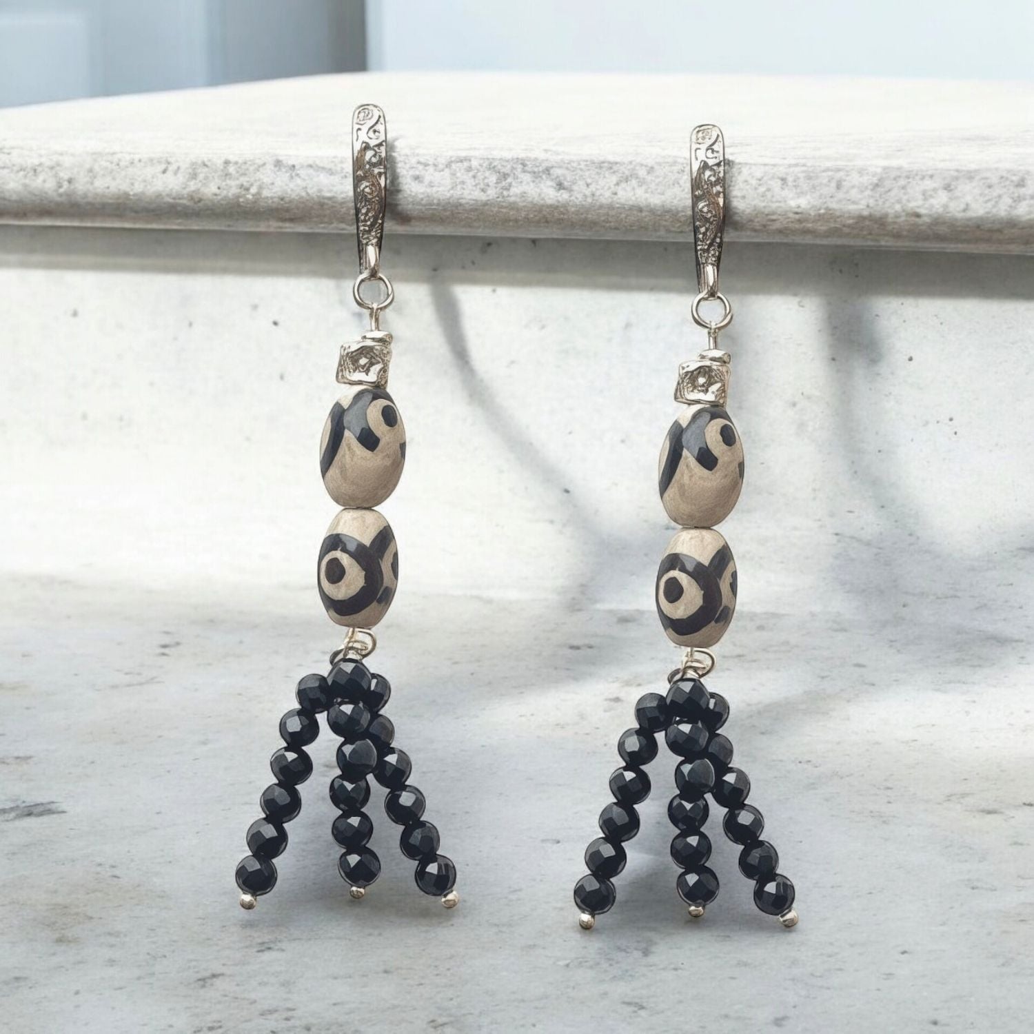 Handmade Silver Earrings with Agate Dzi & Obsidian