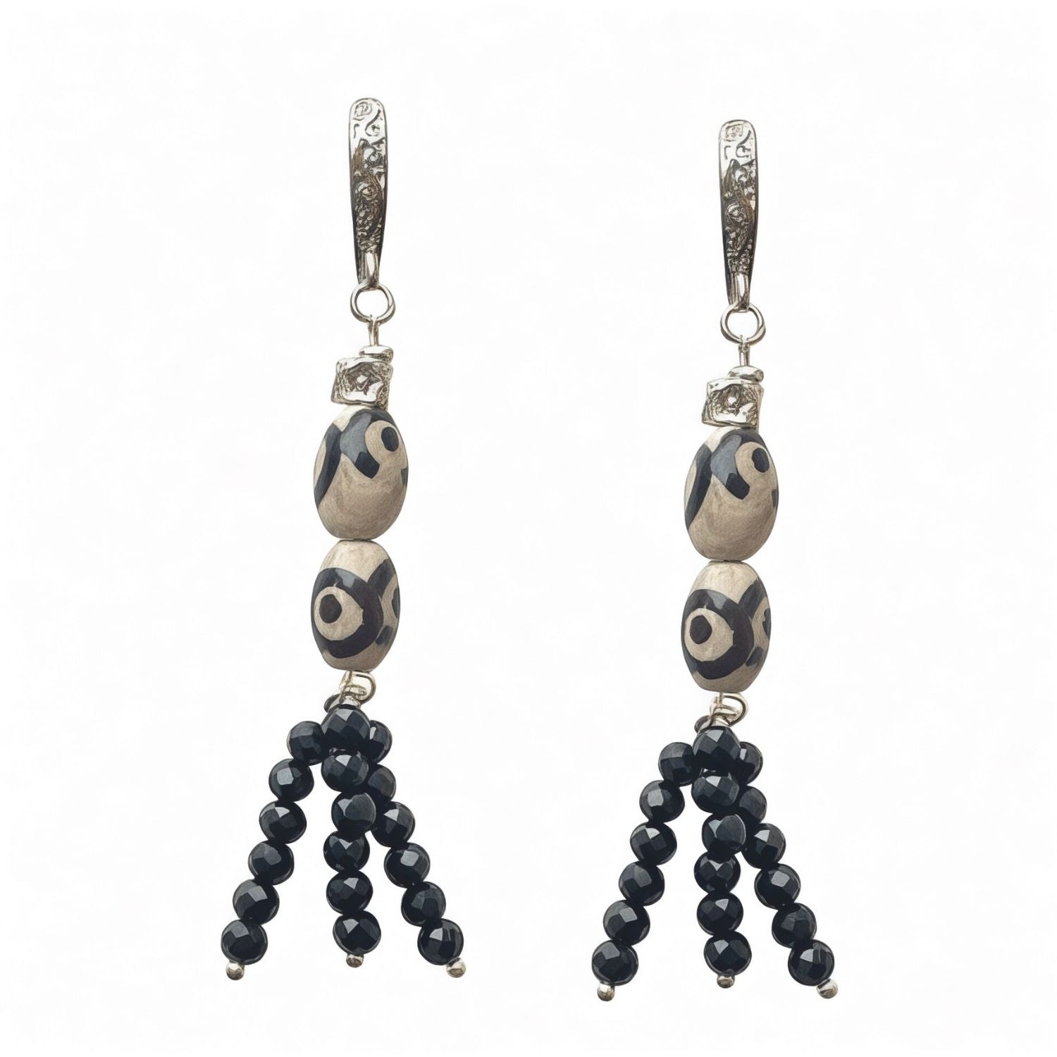 Handmade Silver Earrings with Agate Dzi & Obsidian