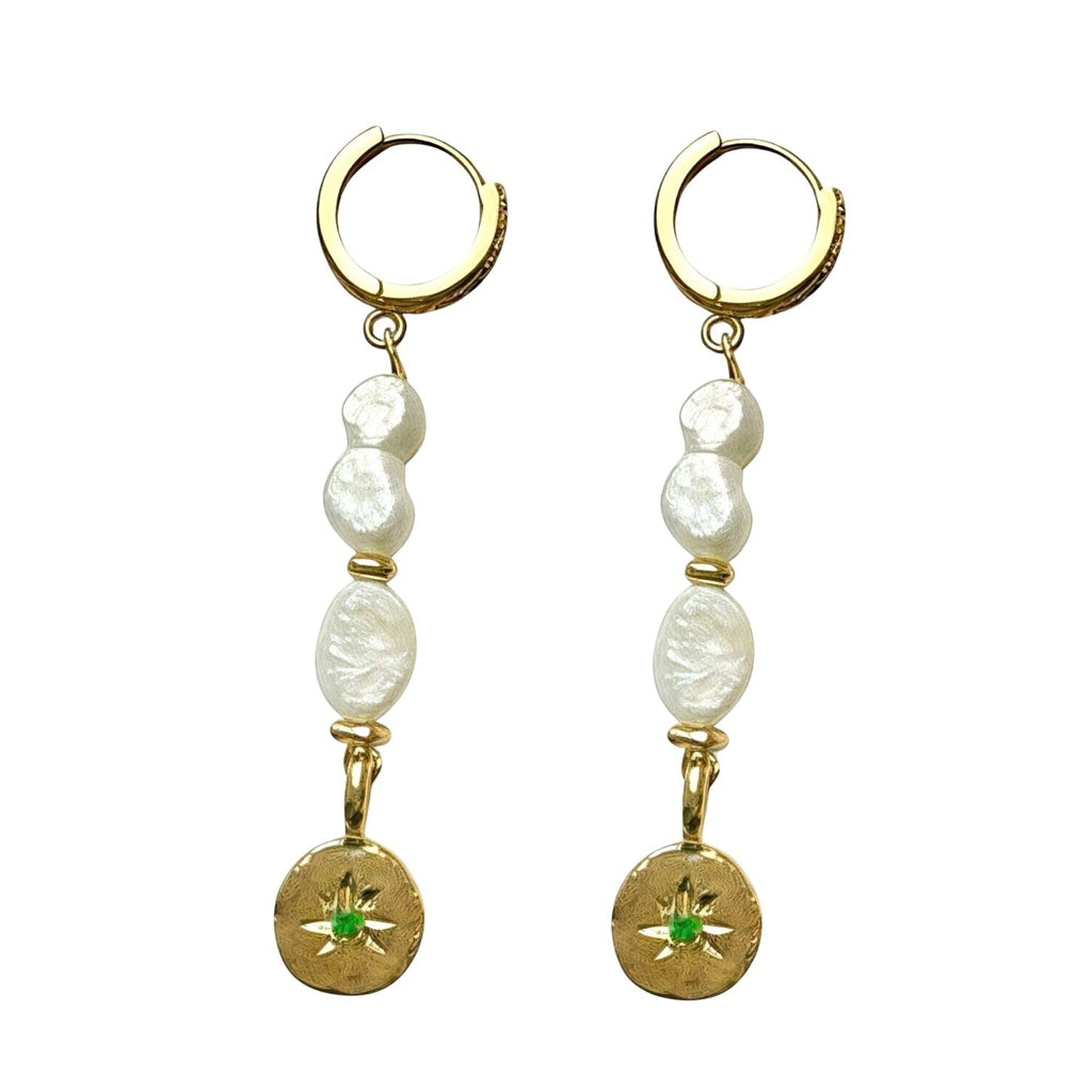 Valencia Earrings – Gold Hoops with Pearl & Crystal Medallion