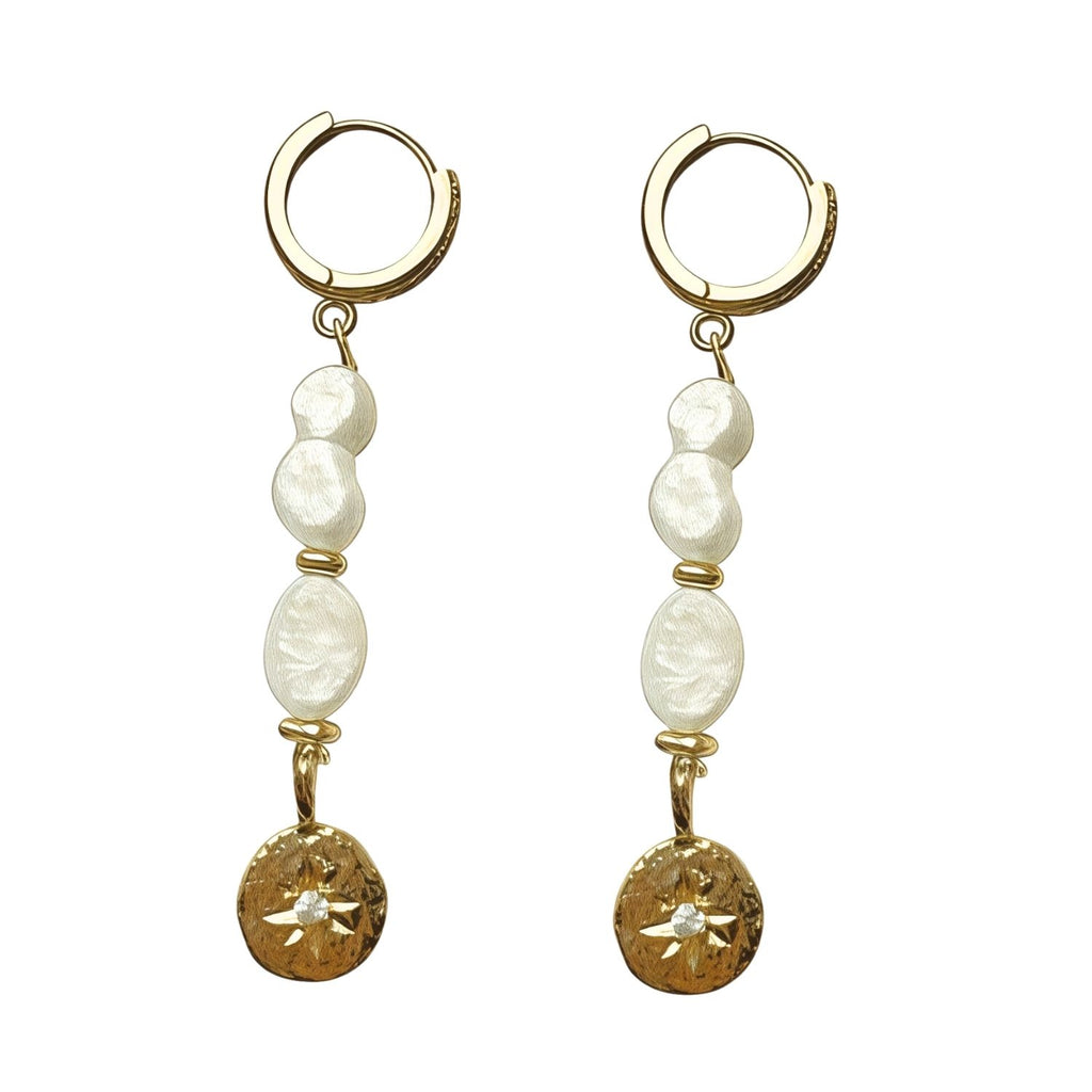 Valencia Earrings – Gold Hoops with Pearl & Crystal Medallion