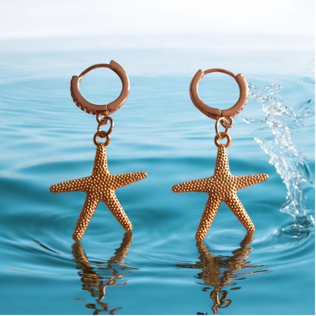 Caribbean Rose Gold Huggie Earrings with Starfish Charm