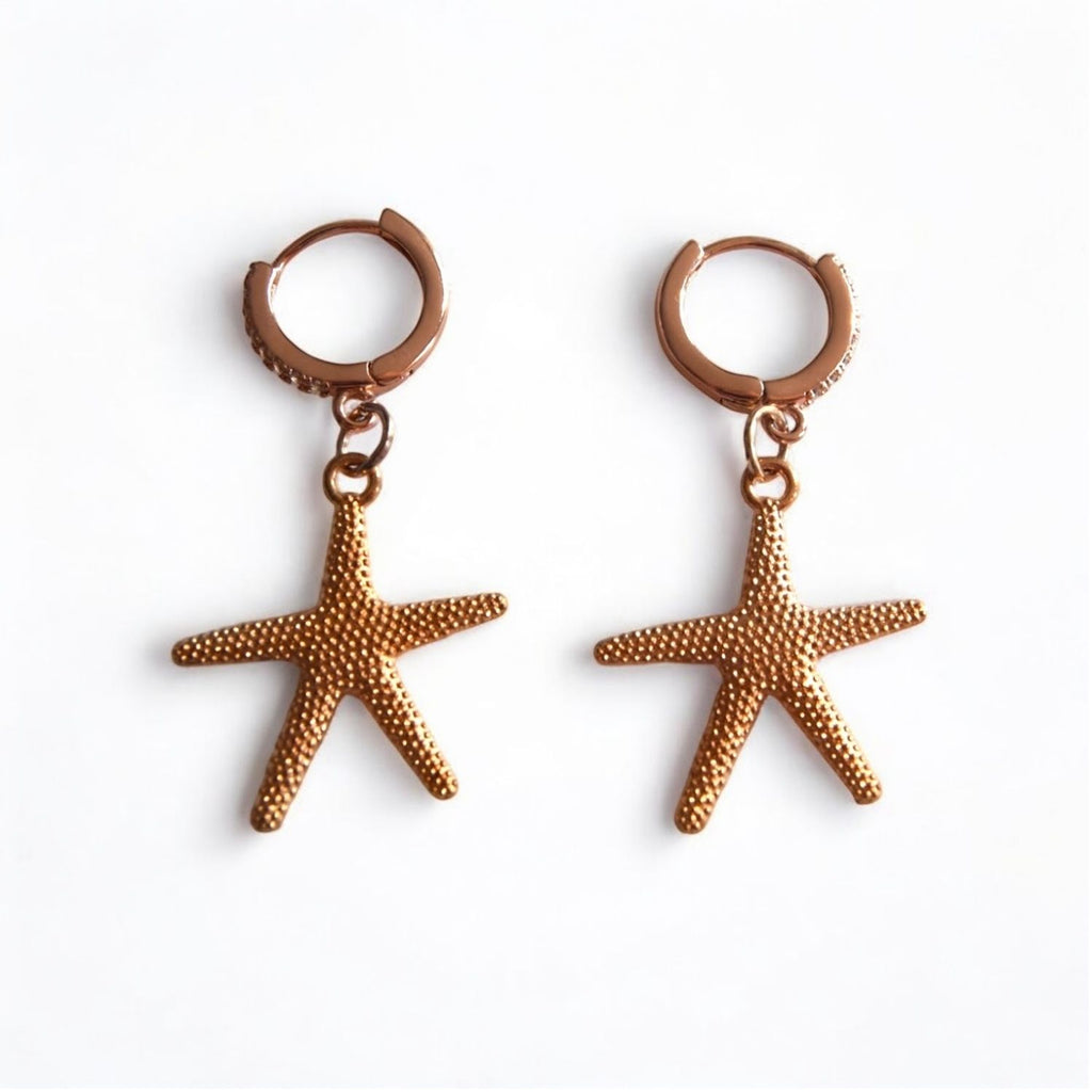 Caribbean Rose Gold Huggie Earrings with Starfish Charm