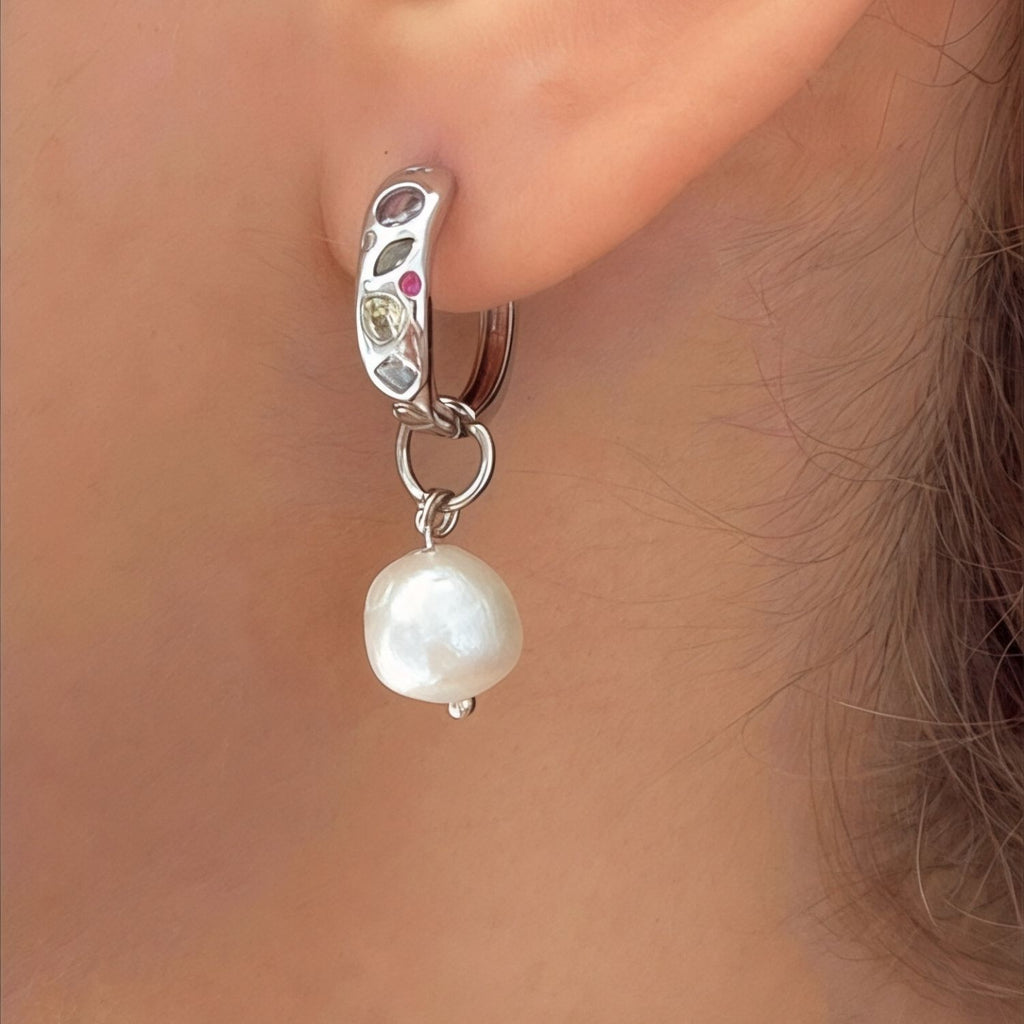 Riviera Multicolour Cubic Zirconia Huggie Earrings with Akoya Pearls