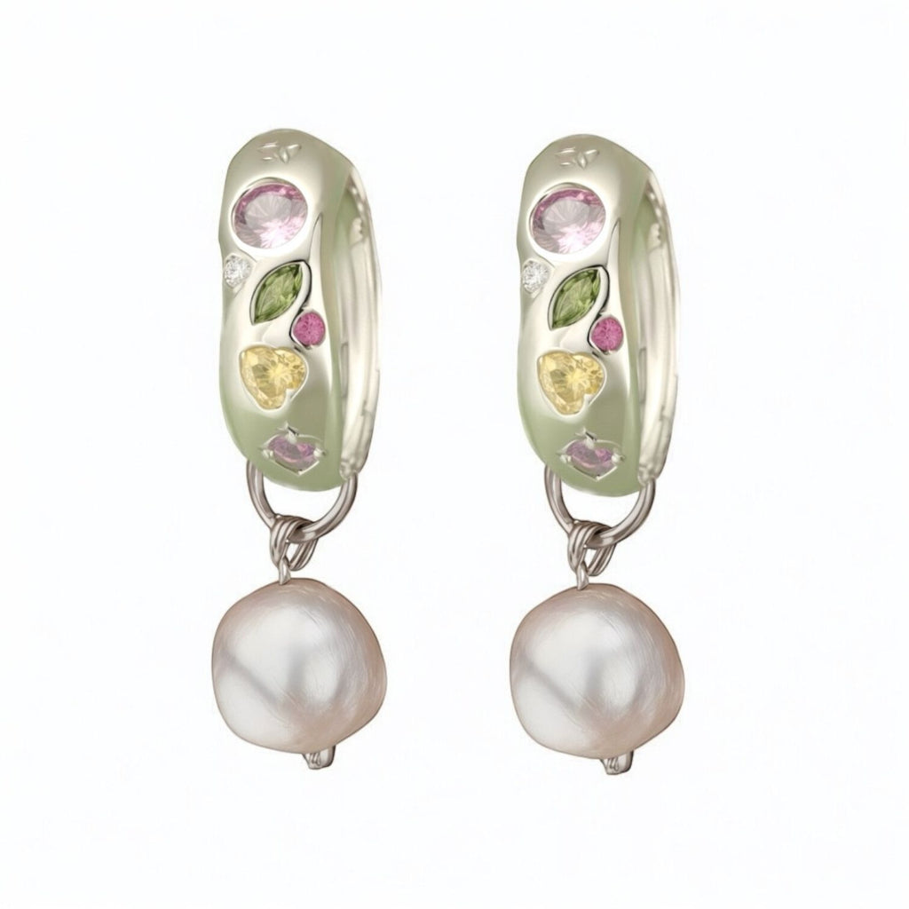 Riviera Multicolour Cubic Zirconia Huggie Earrings with Akoya Pearls