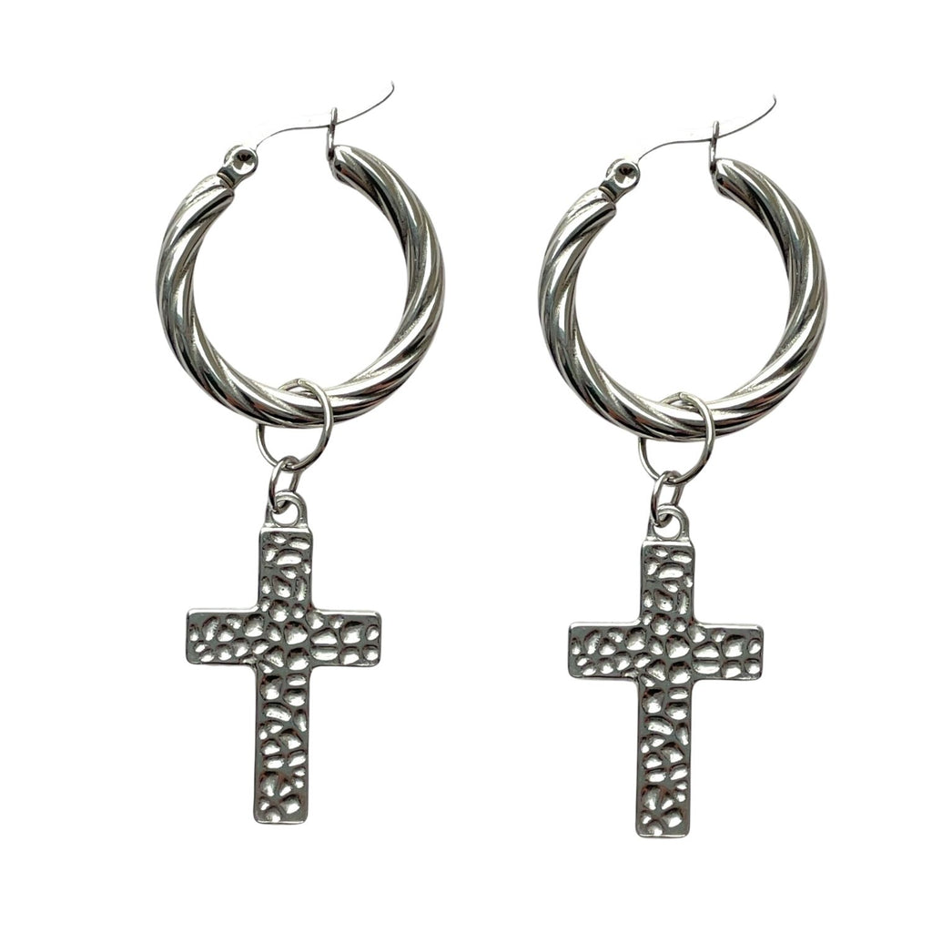 Bari Silver Hoop Earrings with Cross Charm