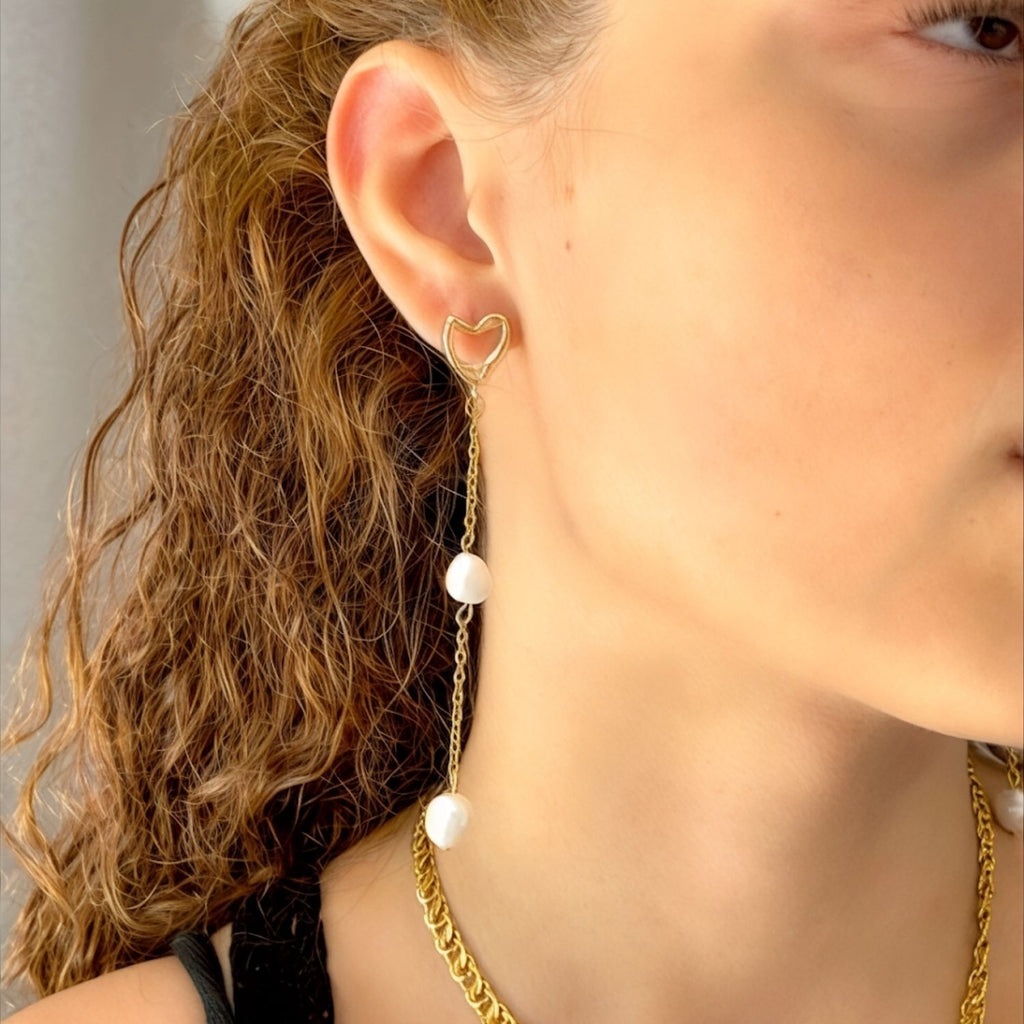 London Gold-Plated Heart Drop Earrings with Akoya Pearls
