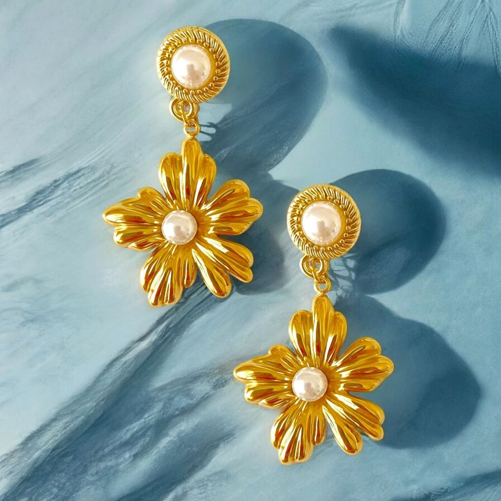 Magna Gold-Plated Floral Drop Earrings with Freshwater Pearls