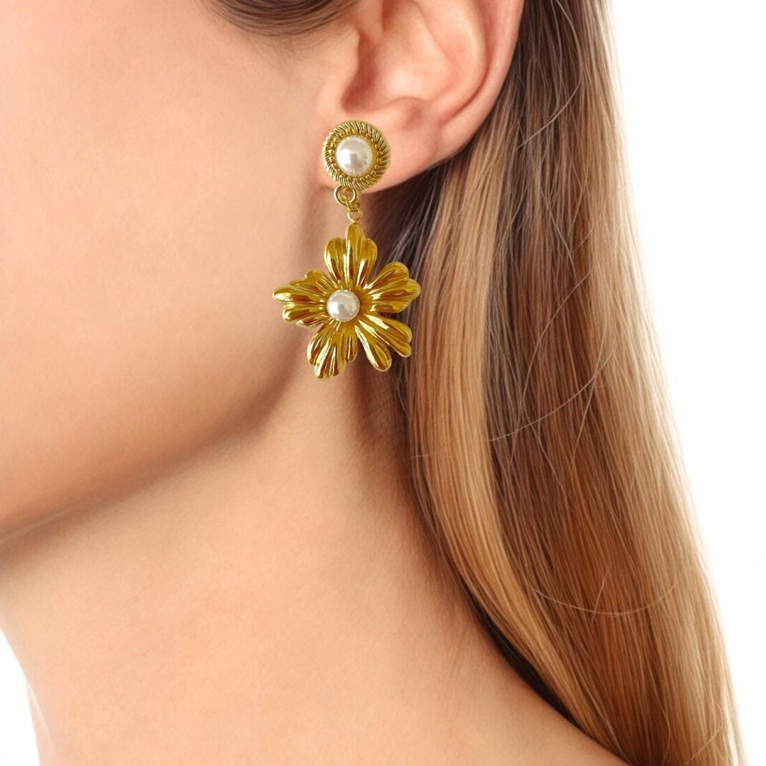 Magna Gold-Plated Floral Drop Earrings with Freshwater Pearls