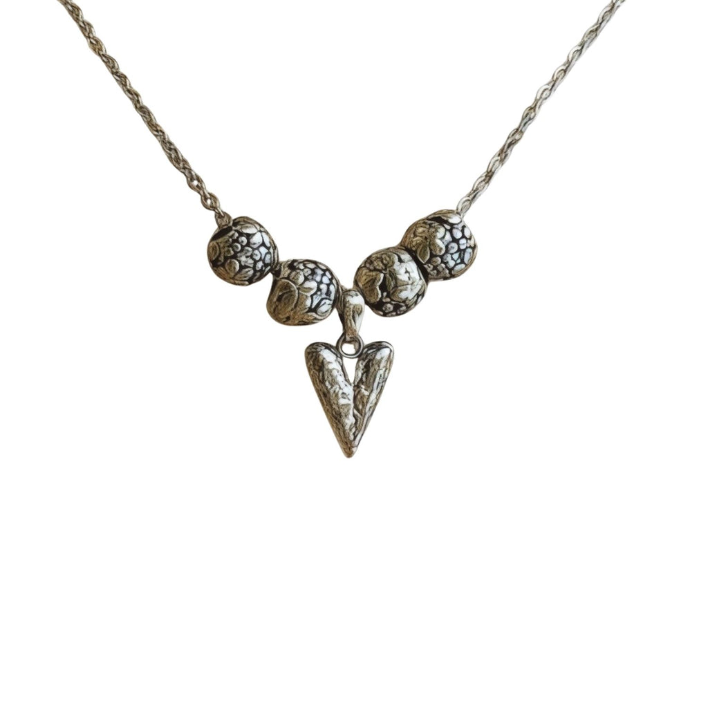 Sculpted Heart Necklace – Silver-Plated Chain with Textured Beads