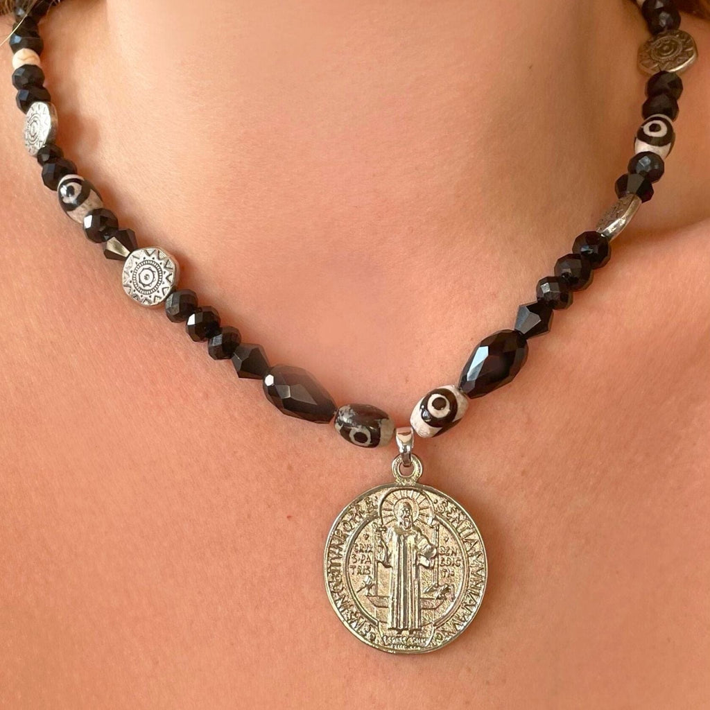 Obsidian & Dzi Beaded Necklace with Roman Coin Pendant