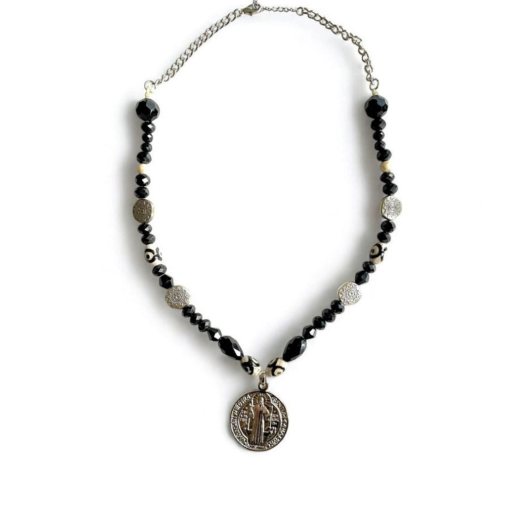 Obsidian & Dzi Beaded Necklace with Roman Coin Pendant