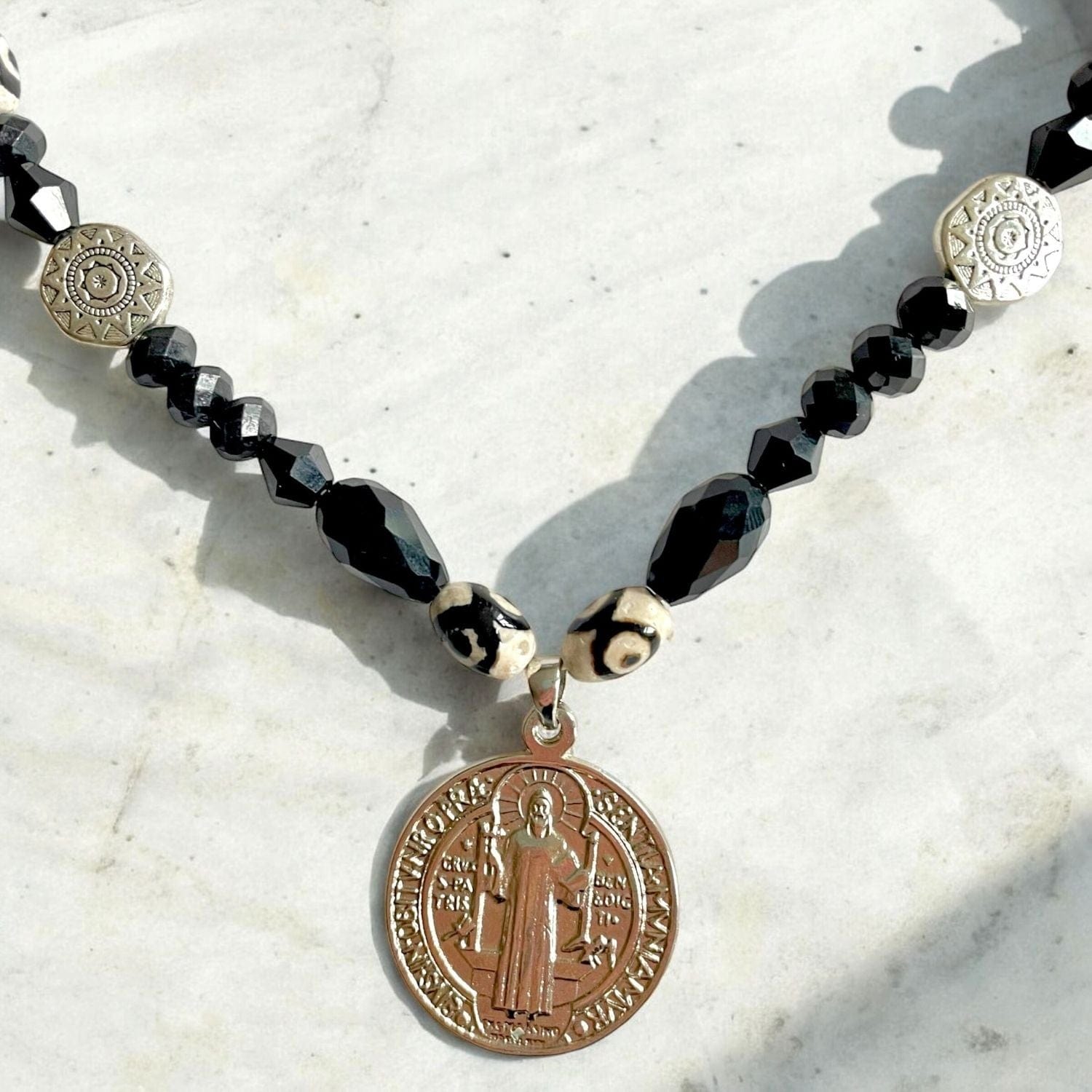 Obsidian & Dzi Beaded Necklace with Roman Coin Pendant