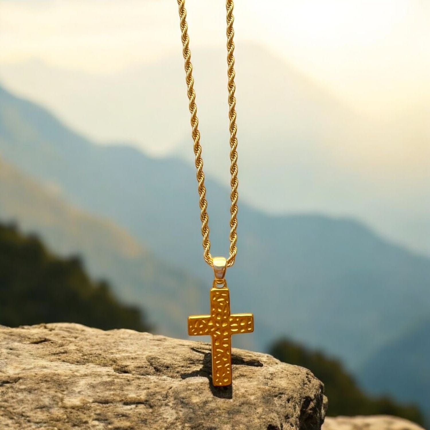Rope Chain Necklace with Gold-Plated Textured Cross
