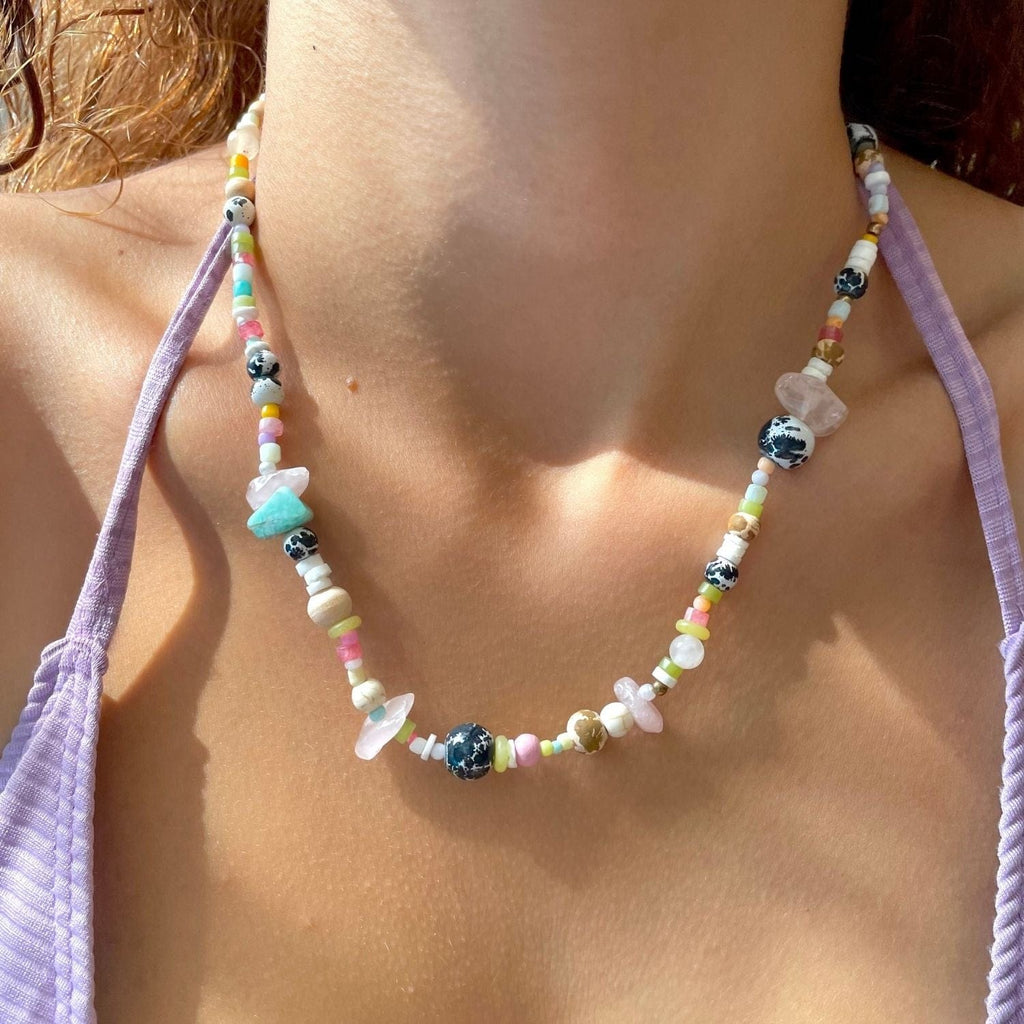 Dalmata- Beaded Necklace with Rose Quartz