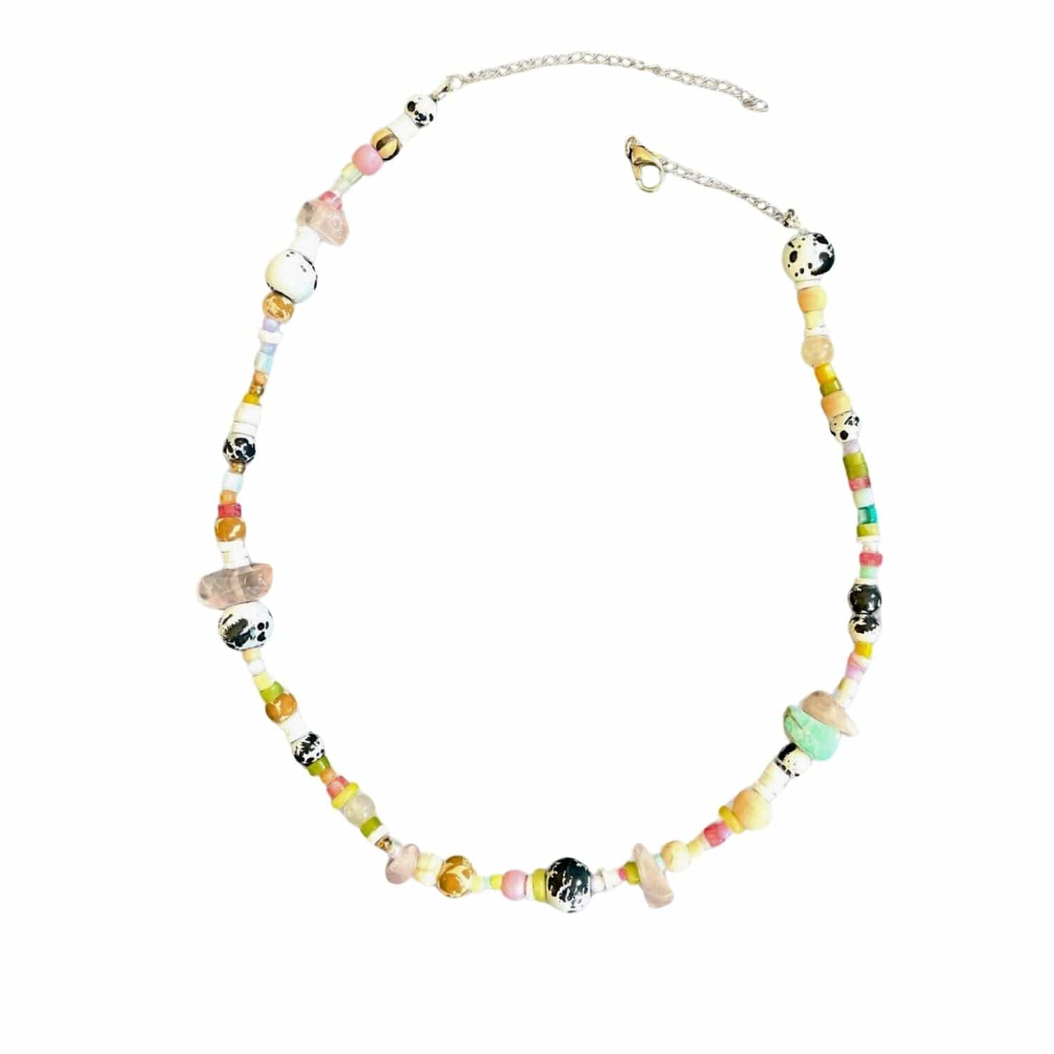 Colorful beaded necklace on a white background