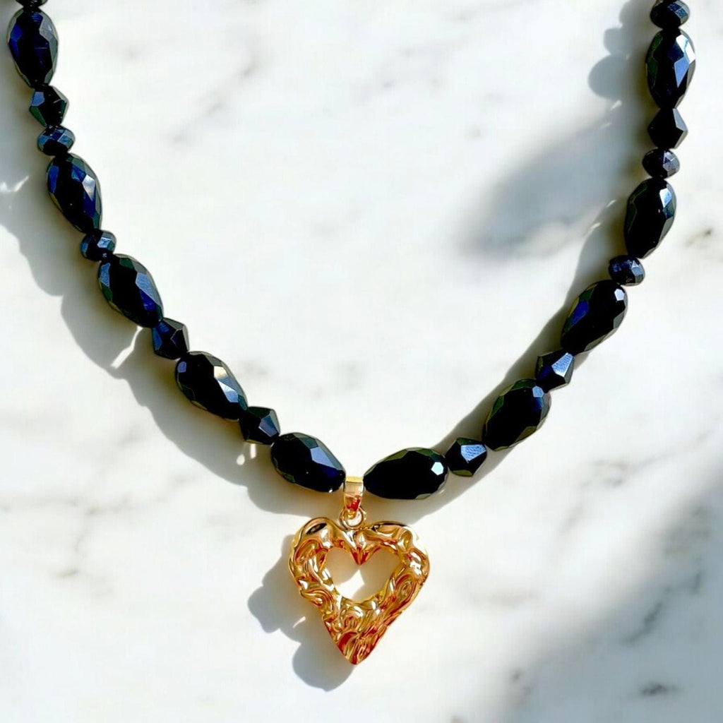 Mamba Black Obsidian Necklace with Gold Heart Pendant