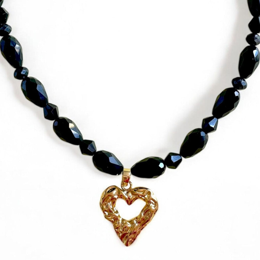 Mamba Black Obsidian Necklace with Gold Heart Pendant