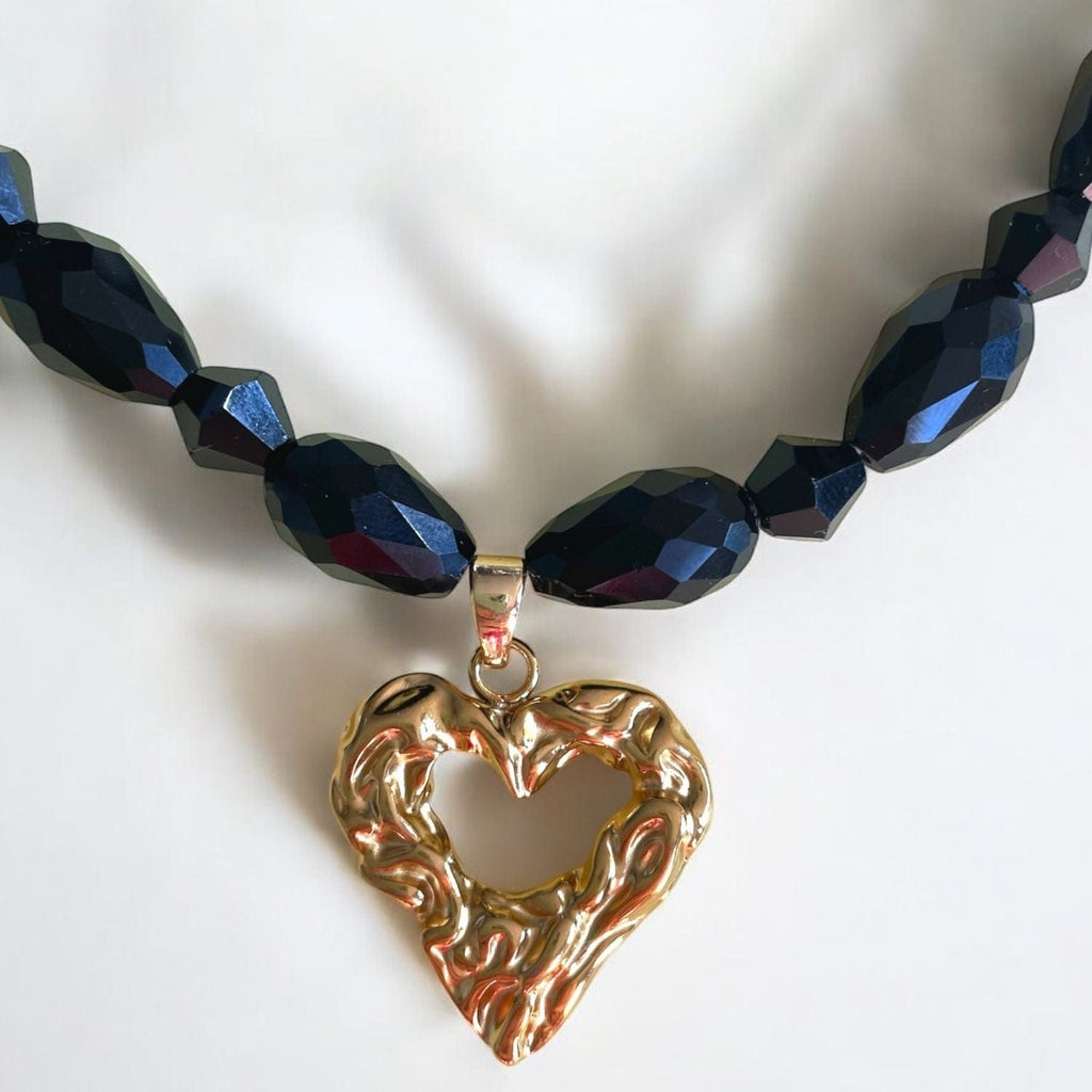 Mamba Black Obsidian Necklace with Gold Heart Pendant
