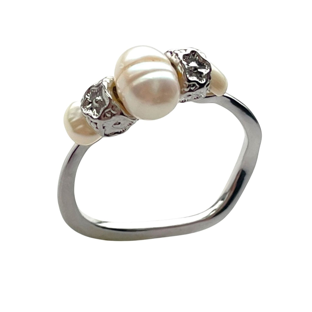Handmade Baroque Pearl Ring With Silver Brass & Floral Beads