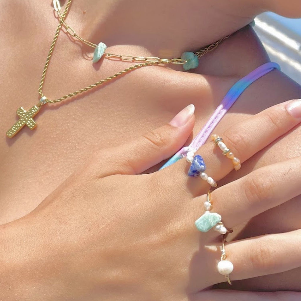 Handmade Adjustable 18K Gold-Plated Stainless Steel Ring With Sodalite & Freshwater Pearls