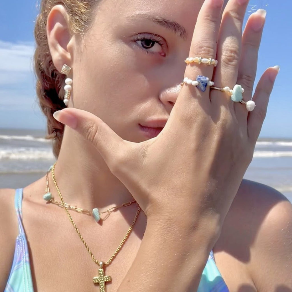 Handmade Adjustable 18K Gold-Plated Stainless Steel Ring With Sodalite & Freshwater Pearls