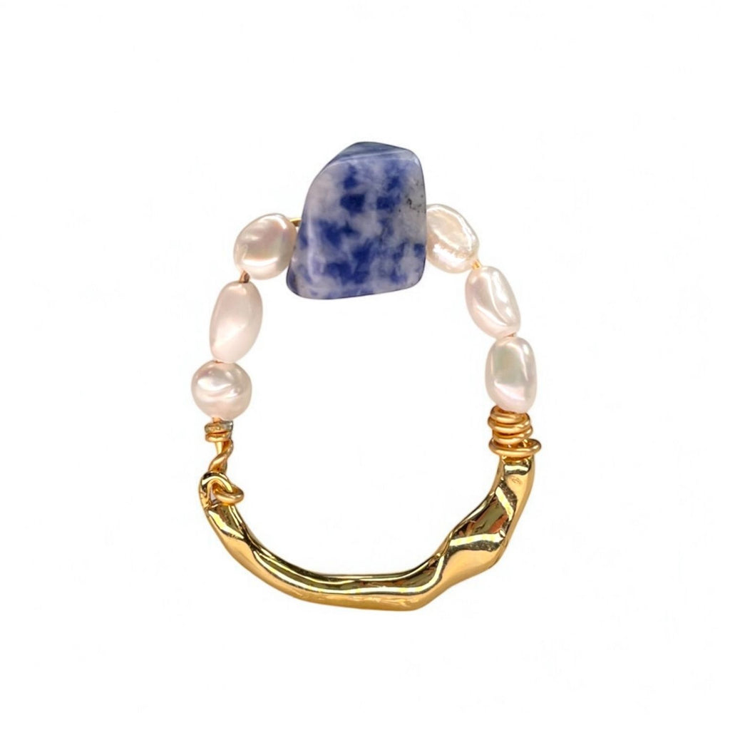 Handmade Adjustable 18K Gold-Plated Stainless Steel Ring With Sodalite & Freshwater Pearls