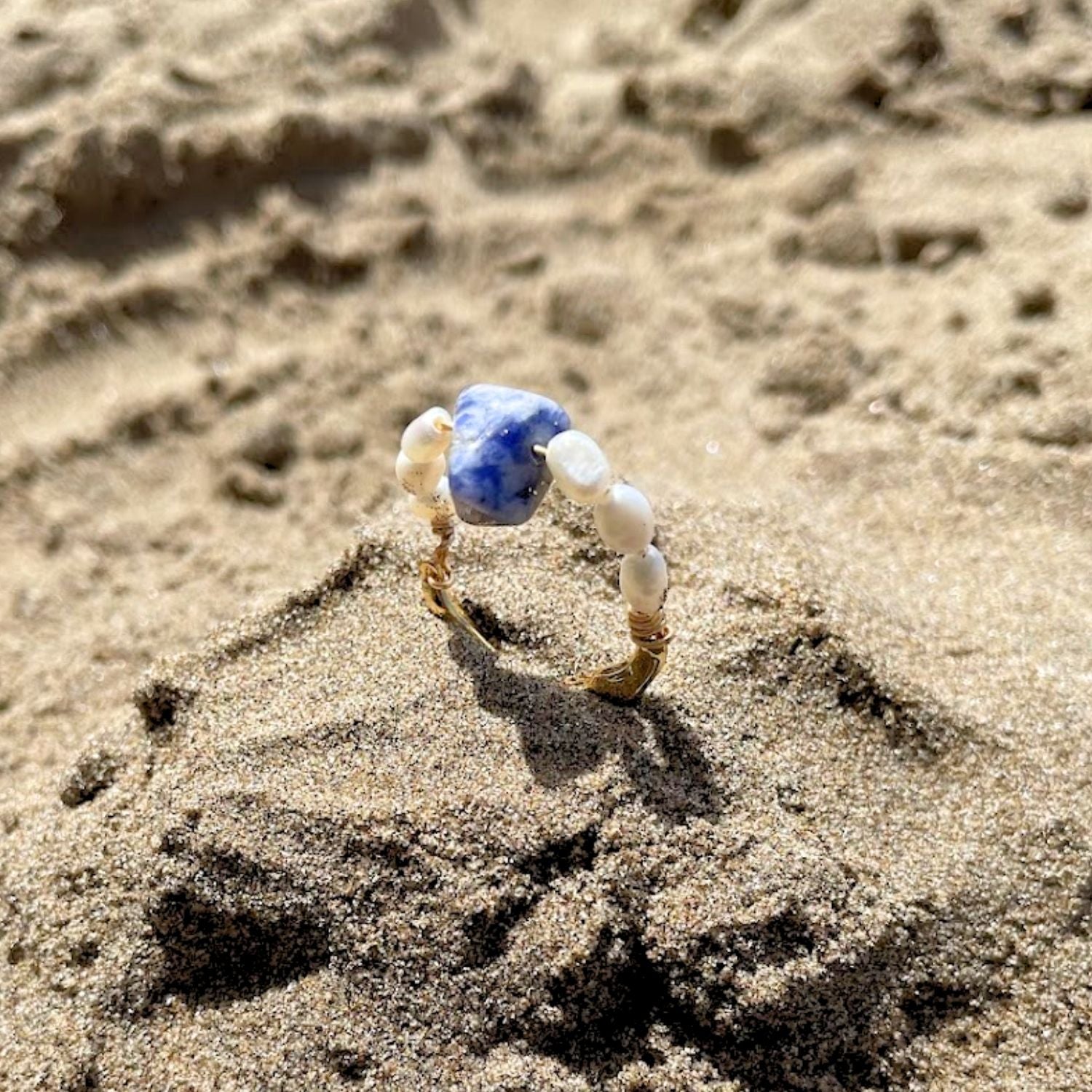 Handmade Adjustable 18K Gold-Plated Stainless Steel Ring With Sodalite & Freshwater Pearls