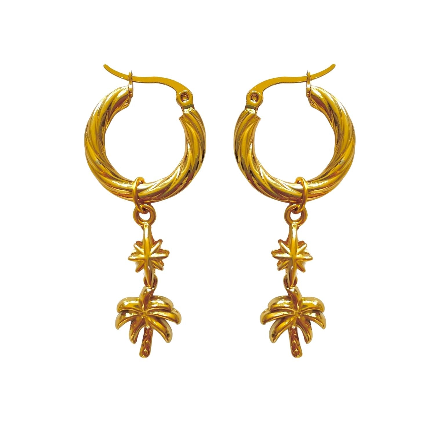 Gold hoop earrings with palm tree charms on a white background