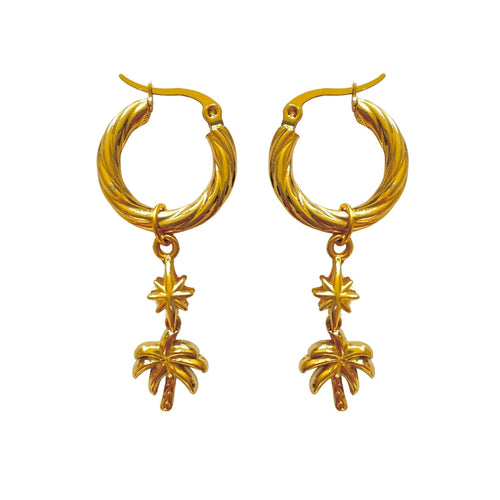 Gold hoop earrings with palm tree charms on a white background