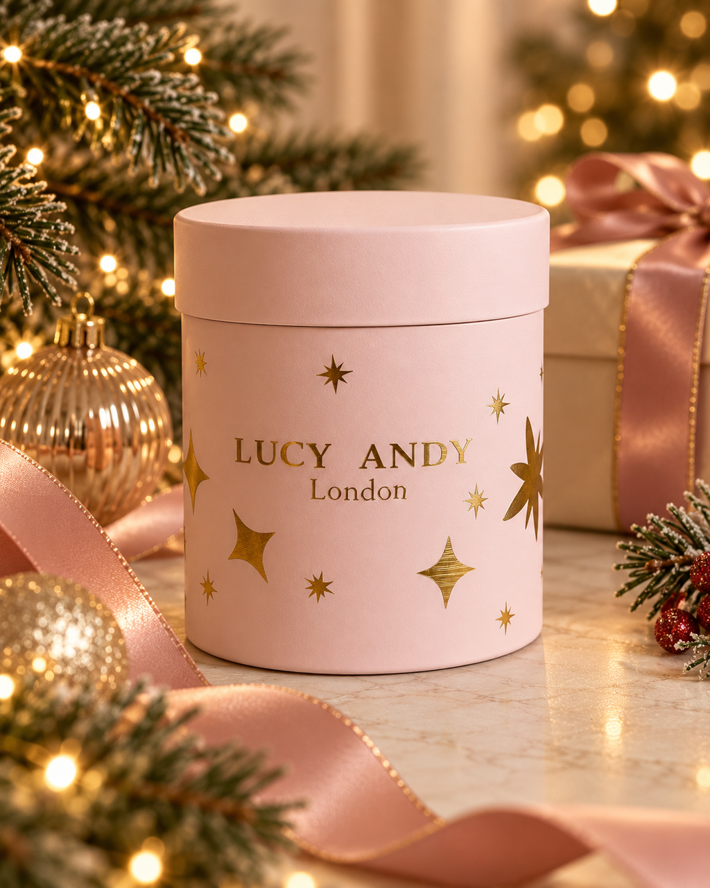 the lucy andy pink round box gift set for christmas  tich the lucy andy logo in gold in a christmas warmy decoration backgound 