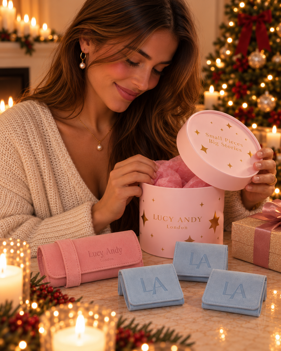 A woman in a cozy holiday setting opens a pink round gift box labeled 'LUCY ANDY London' filled with pink plush items. In front of her are four matching pink and blue rolled pouches with the LA logo, and the background features warm candlelight and a decorated Christmas tree.