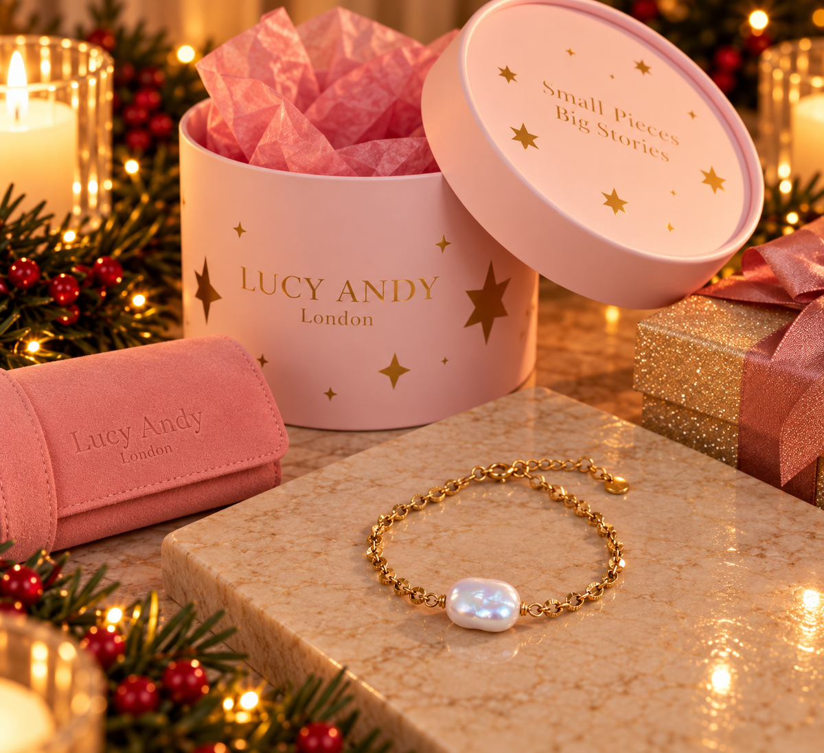A gold beaded bracelet with a white baroque pearl charm is displayed on a marble block next to its pink and gold Lucy Andy London gift box and matching pouch, surrounded by festive candles, pine garlands, and wrapped presents.