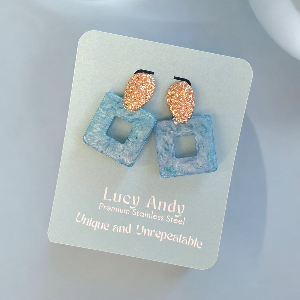 18K Gold-Plated Pineapple Stud Earrings With Transparent Light Blue Resin Square