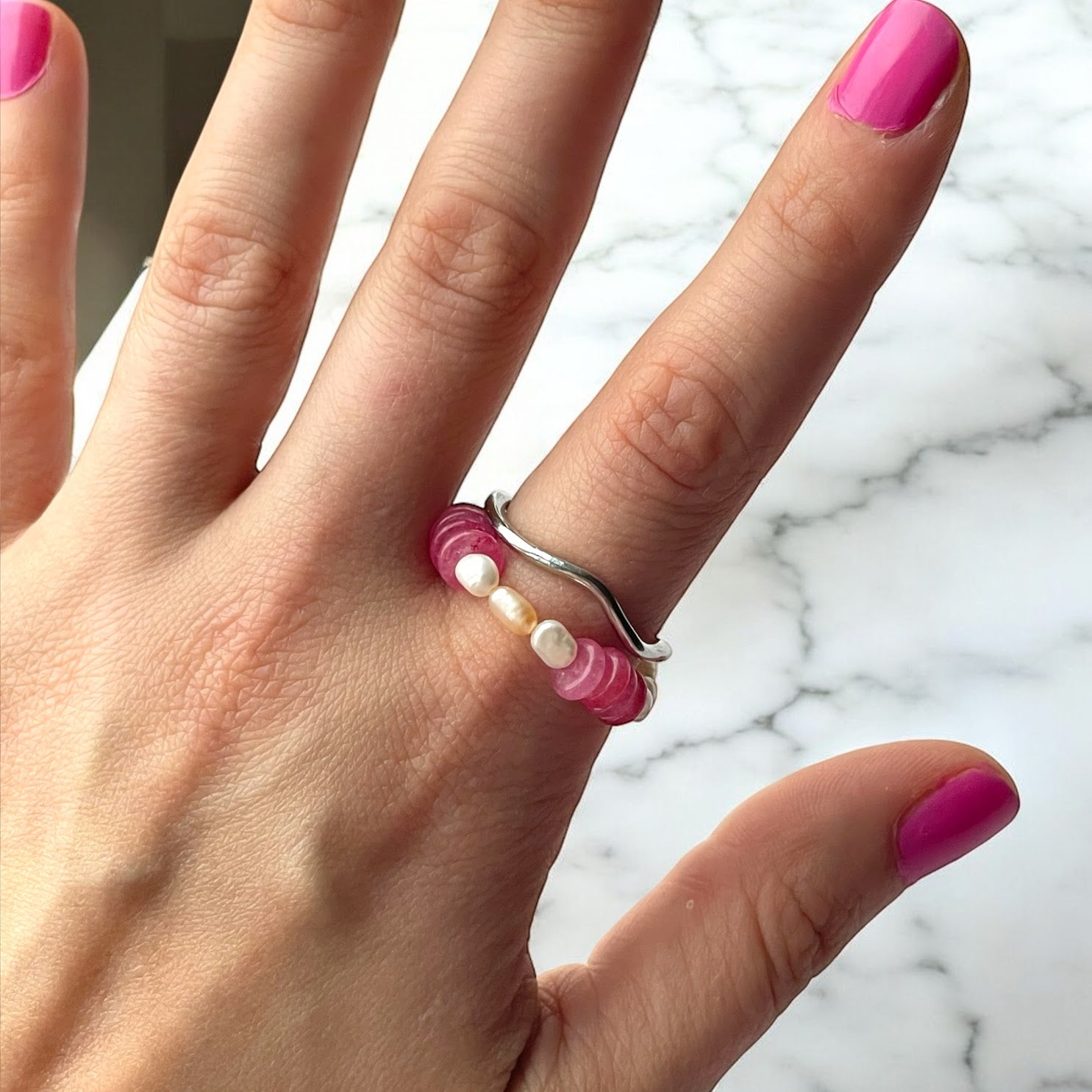 Handmade Curved Silver Brass Ring With Pink Abacus Stones & Baroque Pearls