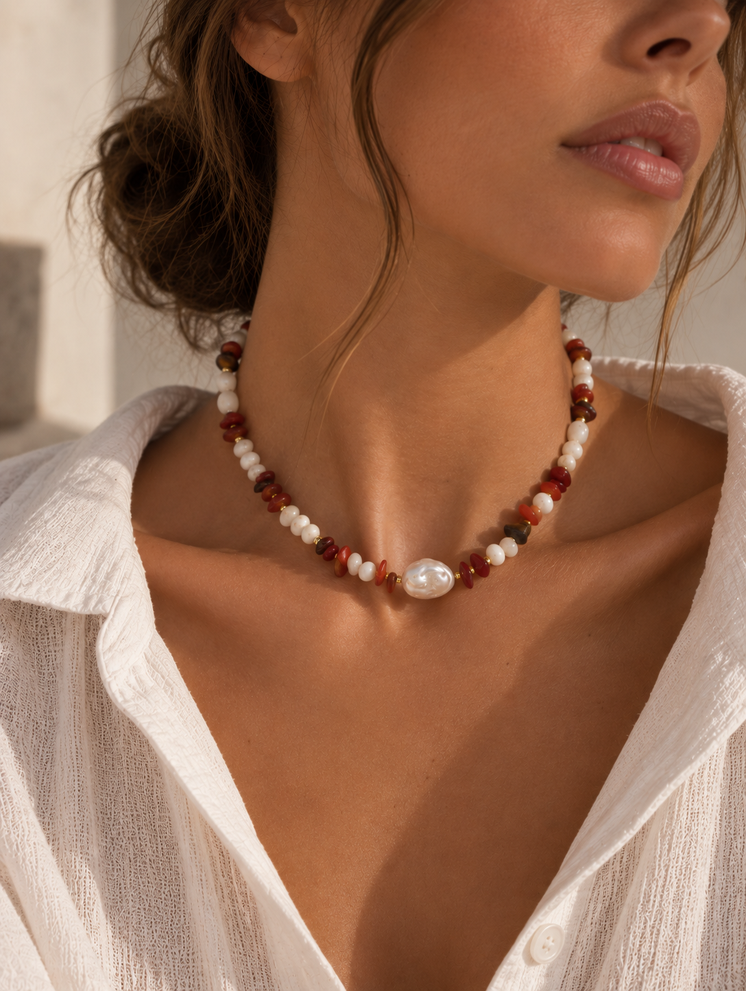 A woman wearing a bohemian-style beaded necklace with white pearls, red agate beads, and a central white pearl, styled with a white linen shirt.