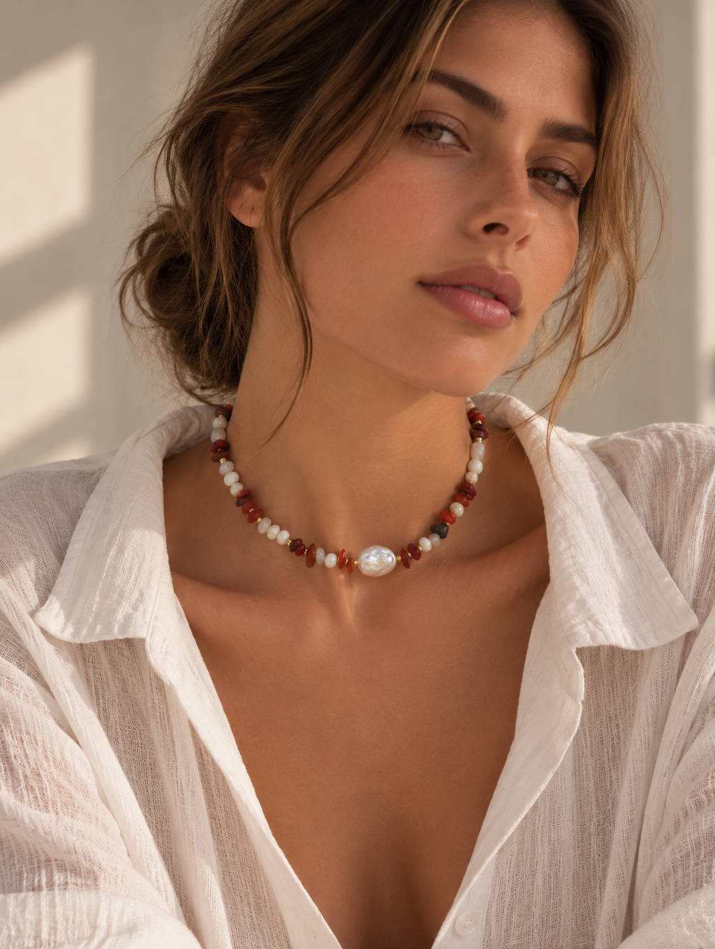 A woman wearing a bohemian-style beaded necklace with white pearls, red agate beads, and a central white pearl, styled with a white linen shirt.