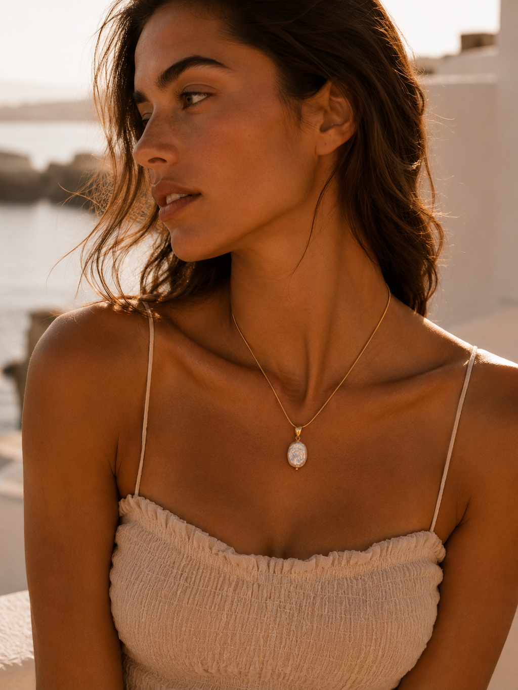 Selene Snake Chain Pearl Pendant Necklace
