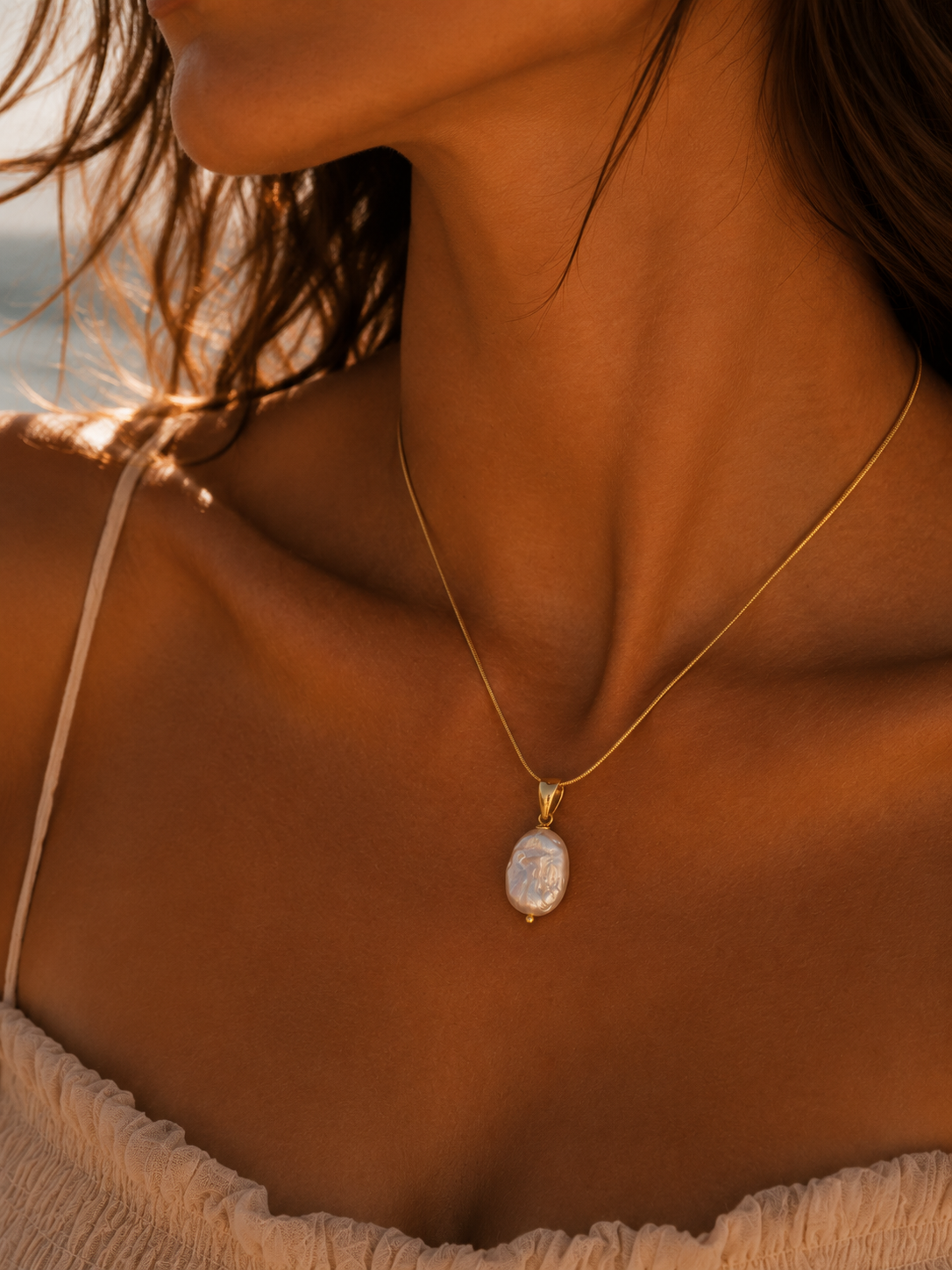Selene Snake Chain Pearl Pendant Necklace